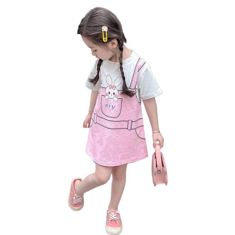 Girls Summer Korean Princess Dress with Fake Layered Suspender Design