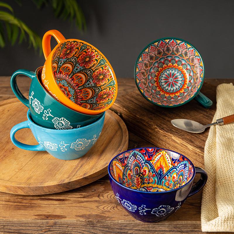 Tazza da colazione in ceramica retrò Tazza ad alto livello estetico Grande capacità Tazza per latte e avena Riscaldabile in microonde Tazza da caffè
