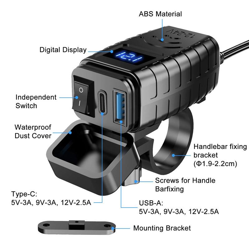 Motorcycle USB Charger Total 48W Dual USB Type C PD & Quick Charge 3.0 Motorcycle Phone Charger With Voltmeter & ON/Off Switch