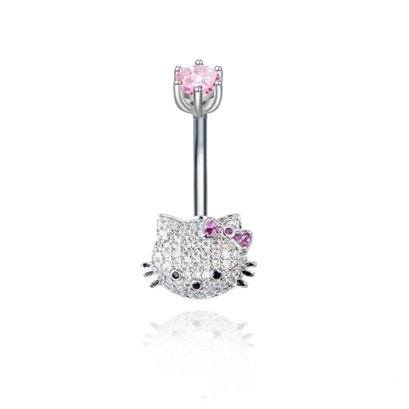 Cartoon Cute Hello Kitty Shiny Zircon Belly Button Ring For Women Sexy Body Jewelry Navel Piercing Beach Party Accessories Gift