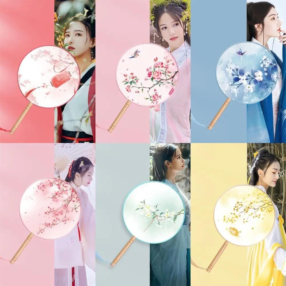 Half Transparent Ancient Style Fan Long Handle Vintage Printing Dance Fan Silk Embroidered Small Round Embroidered Fan