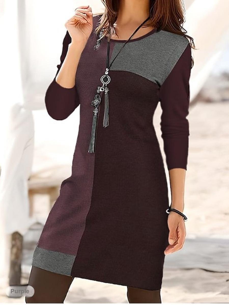 

Spring/Summer New Women s Midi Dress Geometric Print Long Sleeve Round Neck Dress 3XL фіолетовий