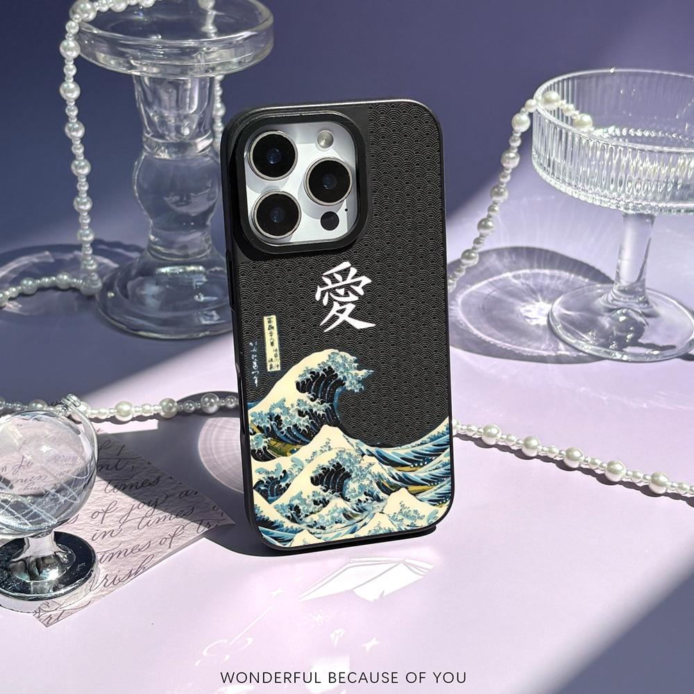 Japanese Art Text Fashion Love Design Phone Case for iPhone 17 16 E 15 14 13 12 Pro Max Sheepskin Silver-edged Protective Case