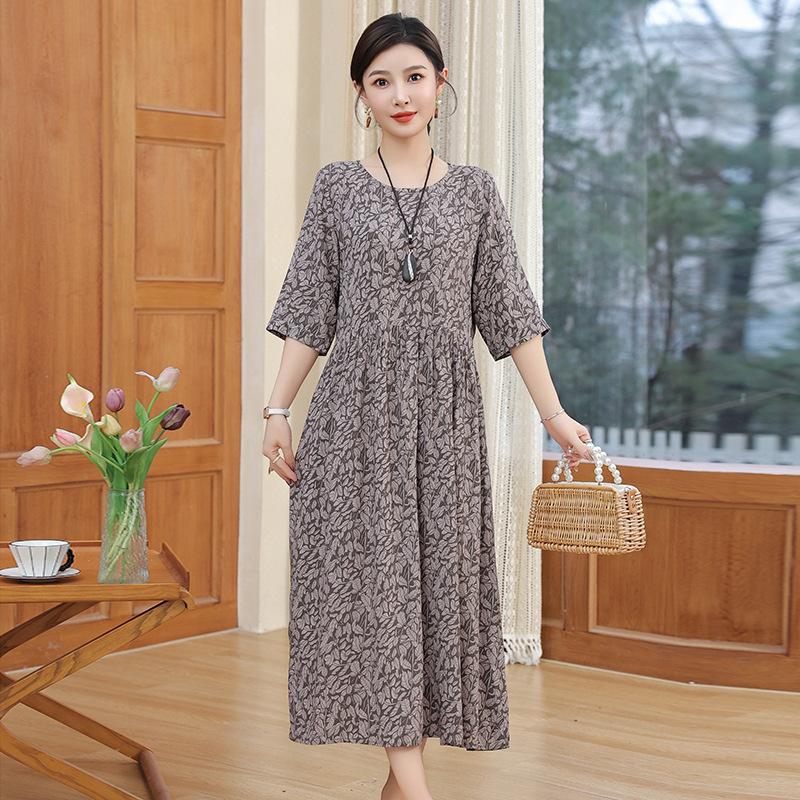 Women's Round Neck Five-Point Sleeve A-Line Floral Print Midi Dress Loose Casual Vintage Style Summer Daily Mom Long Dress