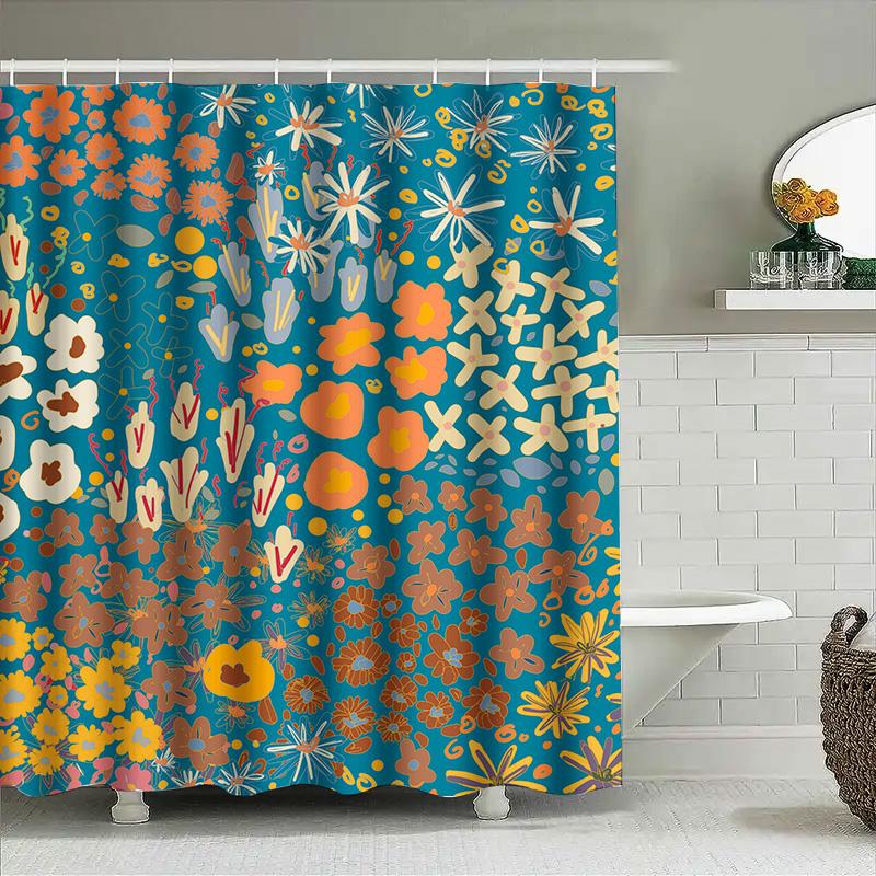 Bright Floral Printed Shower Curtain Waterproof Fabric Decorative Home Bathroom Accessory Modern Blue Orange Flower Design (210X