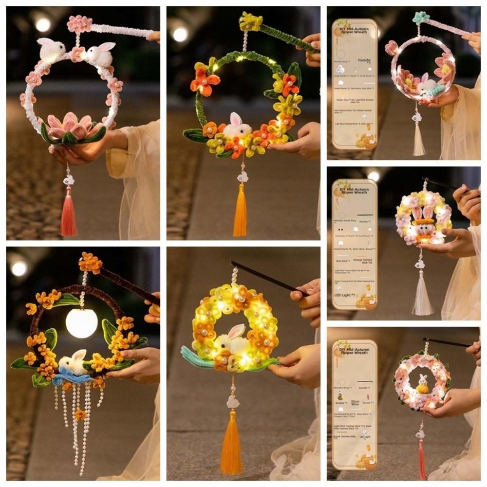 Handmade Rabbit Hoop Lamp Glowing Chenille Stems Craft Bunny Wreath Lantern  Mid-Autumn Festival