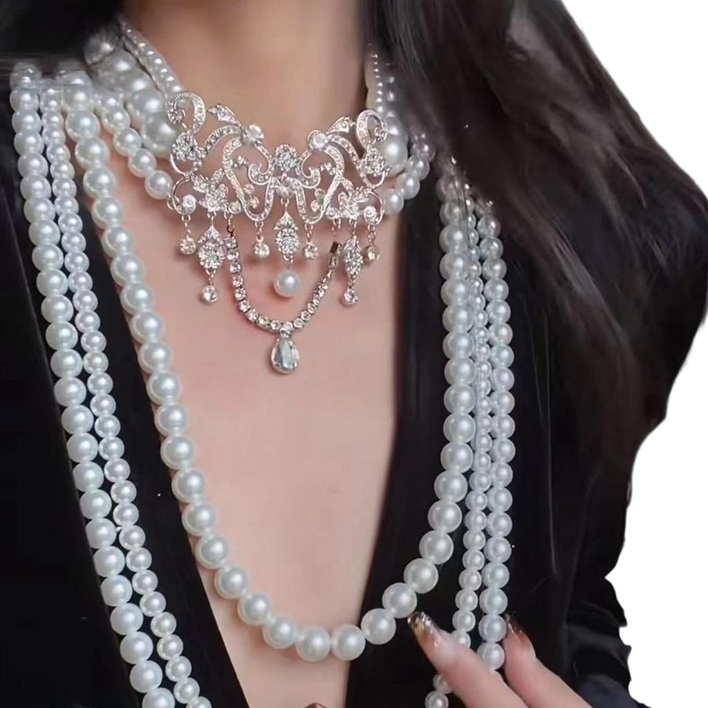 Multi Layer Simulated Pearls Necklace Adjustable Length Clavicle Chain Layering Neckchain Handmade Jewelry For Women