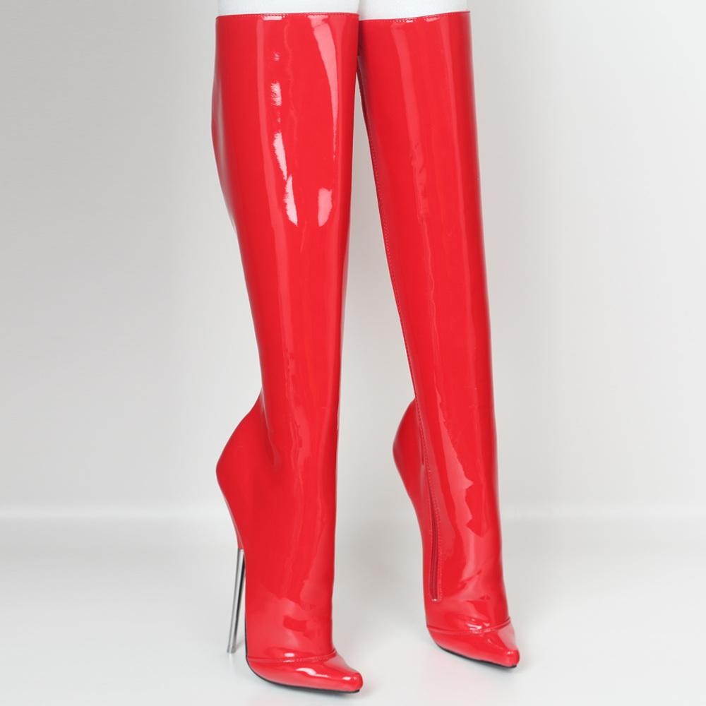 Fashion FHC 2025 New Metal Heel 18CM,Women Knee High Boots,Fetish Ballet Dancing Shoes,Men Cosplay Botas,Side Zip,Red,Customized Color