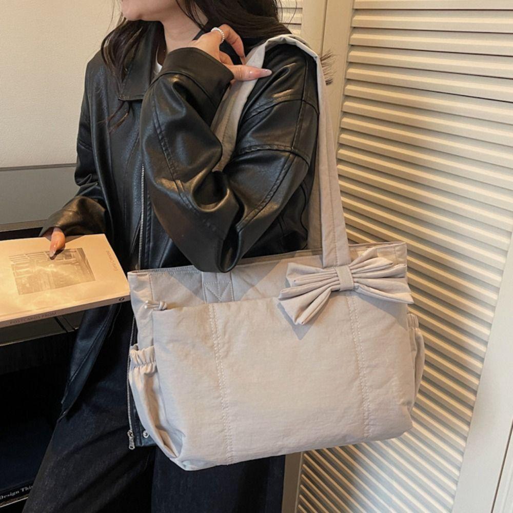 Large Capacity Bow Tote Bag Korean Style Nylon Handbag Cotton Padded Shoulder Bag Office Worker