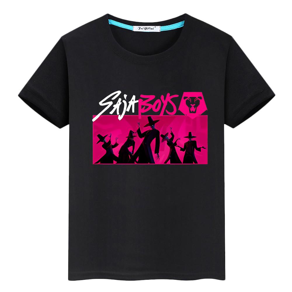 Saja Boys Print Kawaii Tees 100%Cotton Cute Tops Y2k Kpop Demon Hunters T Shirt for Kids Boy 10year Anime Short Girls Clothes
