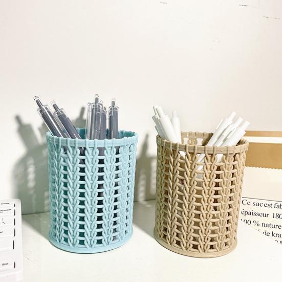 DYS Imitation Rattan Pen Holder, Round Hollow Desk Organizer, Large Capacity Pencil Cup for Pens Pencils Makeup Brushes, Nordic Office Home Decor