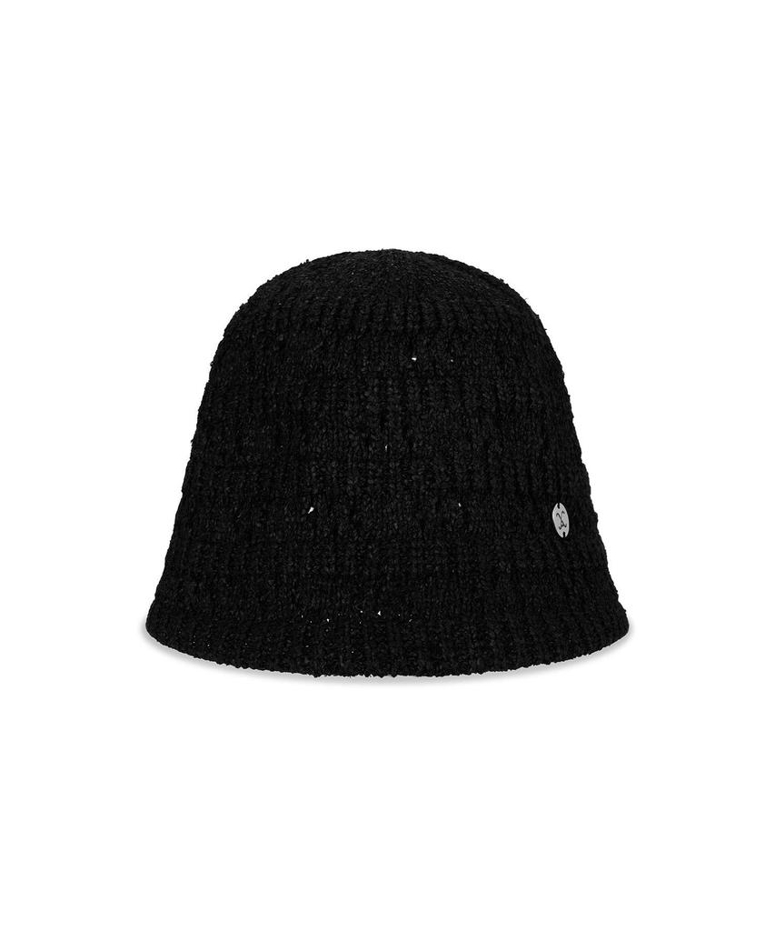 Bajal Va Curved Oval Metal Floral Punched Knit Bucket Hat Black