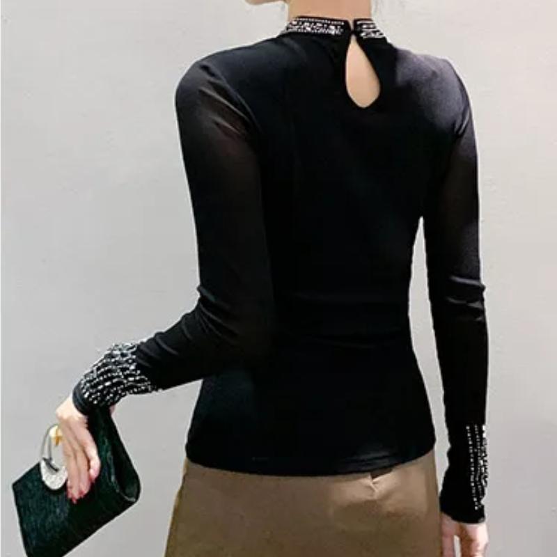 Spring Autumn European Leopard Clothes T-Shirt Elegant Women Stand Neck Shiny Hot Diamonds Tops Fashion Long Sleeve Slim Mesh Tees