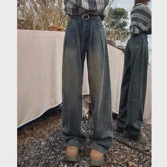 Dames jeans met hoge taille en wijde pijpen: Hong Kong Stijl, Losvallende Pasvorm, Lente/Zomer, Alles-Combinerend, Vloerlengte.