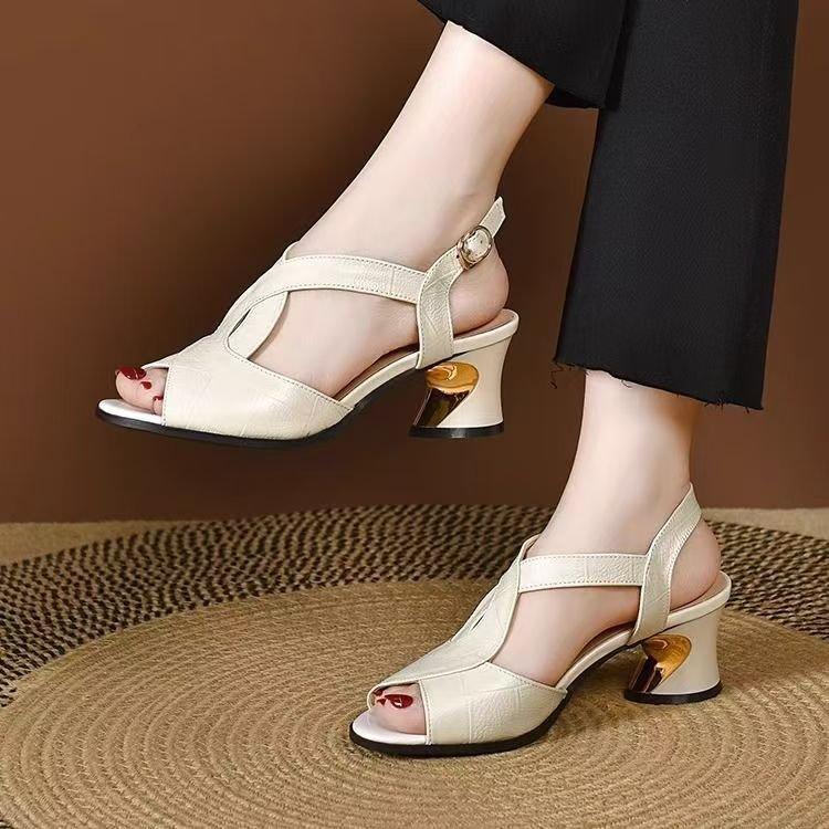 Fish mouth sandals women's low heel summer new versatile medium heel thick heel outer wear soft sole rear strap women's shoes
