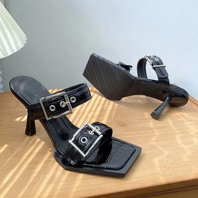 Fashion Fashion Black Square Toe Metal Belt Buckle Design Slide Sandals Women Summer Sexy Open Toe Thin High Heel Women Slippers Loafers