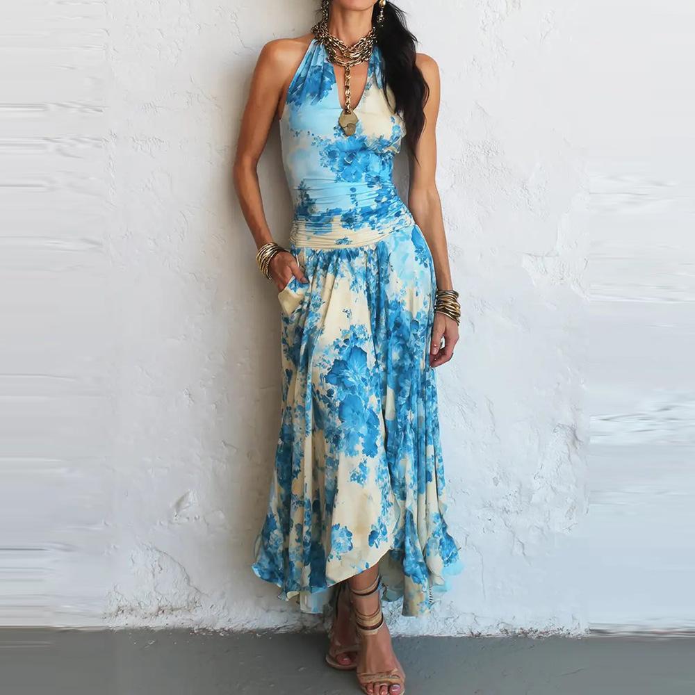 European and American summer new fashion printing sleeveless neck long dress casual dress women