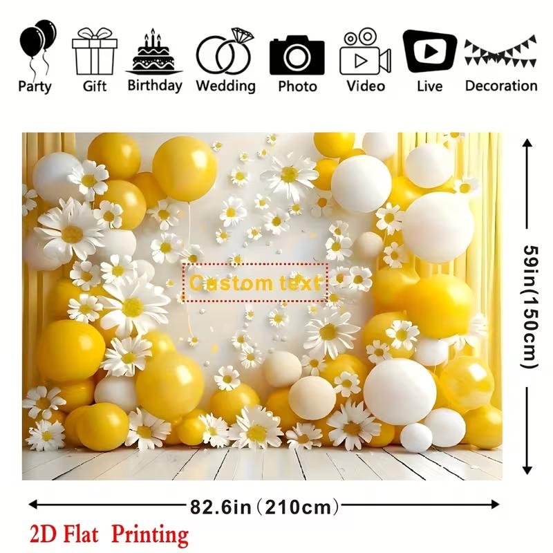 Personalized Text Daisy and Balloon Birthday Backdrop Yellow Floral Party Background Banner
