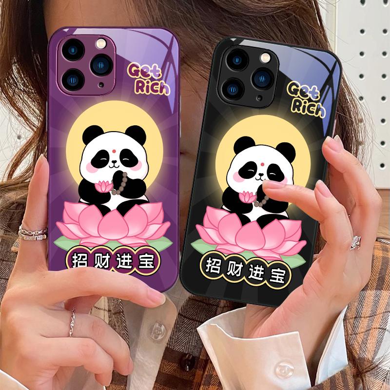 Sitting Lotus Panda For IPhone 16 Pro Max 15 Pro 14 13 12 Mini 11 XS Max XR 7 8 Plu SE 2022 Tempered Glass Phone Case