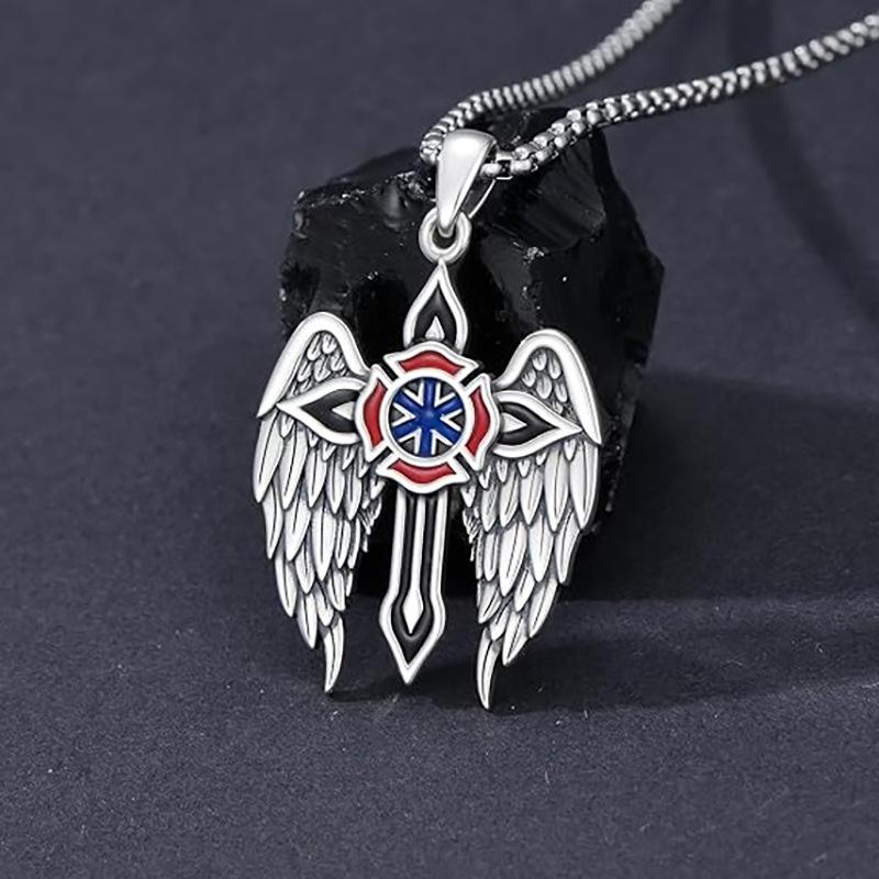 Angel Fireman Cross Oil Drop Pendant Necklace Retro Wings Design Fashion Necklace 60CM