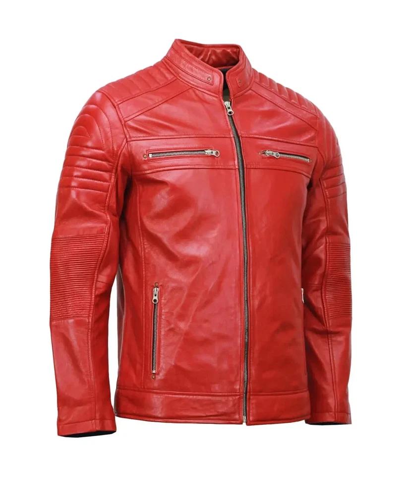 Motorrad Biker Bekleidung Herren Stilvolle Handgefertigte Echte Leder Rote Jacke Lammfell