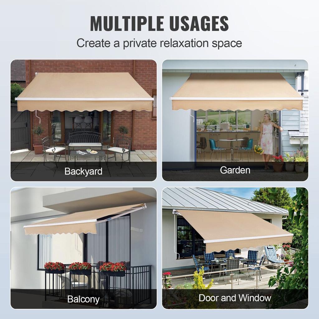 Manual Retractable Awning, 10 x 8 ft Outdoor Patio Awning Retractable Sun Shade, Water-Resistant Polyester Patio Door Window Awning Sunshade Shelter