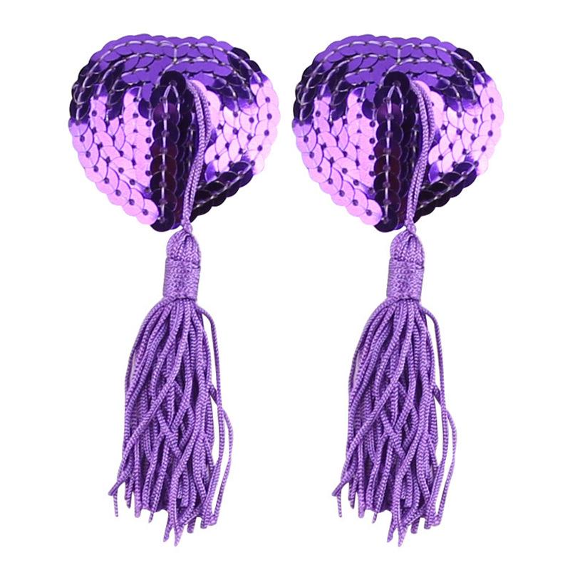 Heart-Shaped Sequined Nipple Covers with Tassels - Silicone Pasties Lingerie Accessories