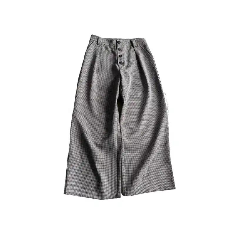 

Men s Grey Houndstooth Wide-Leg Pants High Waist Casual Trousers S коричневий