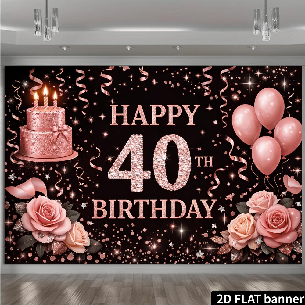 2D plane 40th birthday party backdrop fabric  black background with rose gold glittering diamonds theme  featuring pink roses