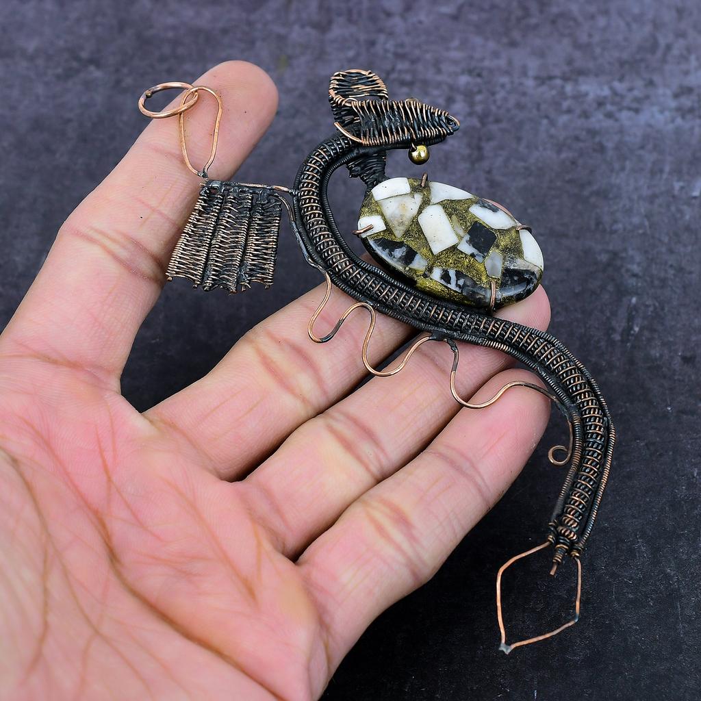 Natural Buffalo Turquoise Handmade Copper Wire Wrap Dragon Pendant 4.5" O8f94