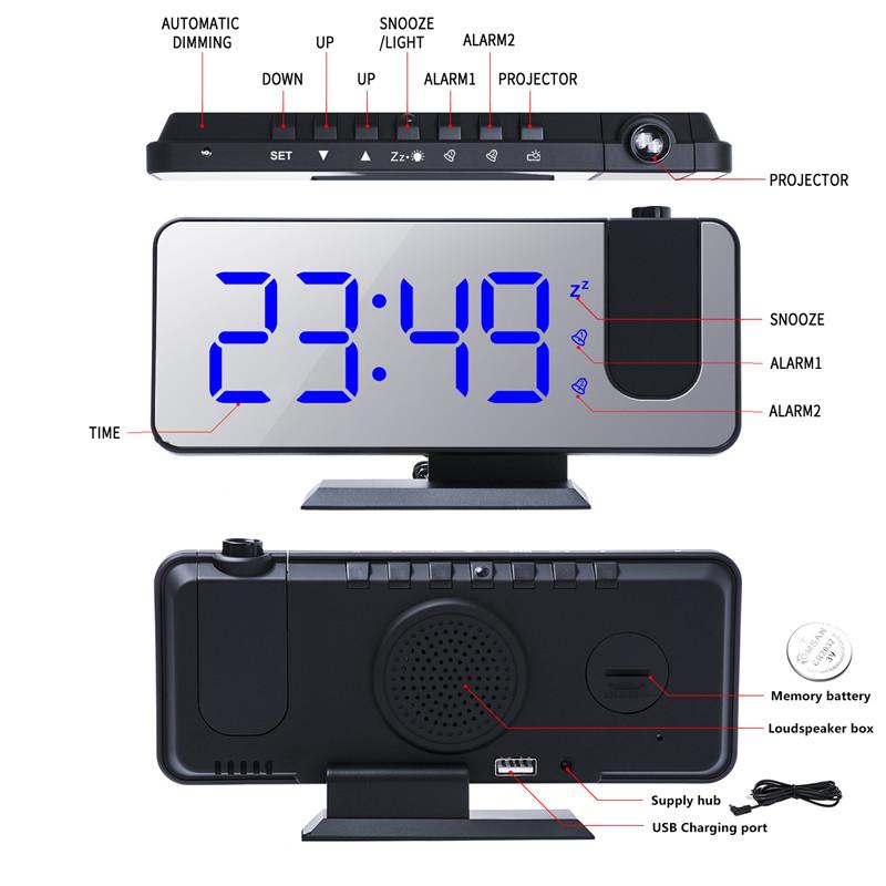 New LED Digital Alarm Clock Table Watch Electronic Desktop Clocks USB Wake Up FM Radio Time Projector Snooze Function