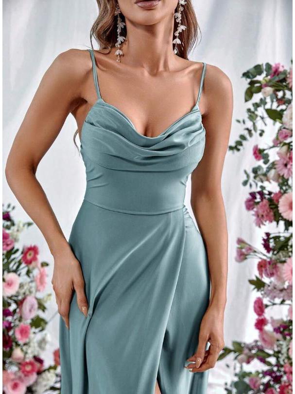 European Spring 2026 Strappy Off-Shoulder Sleeveless Slit Solid Color Elegant Women's Dress