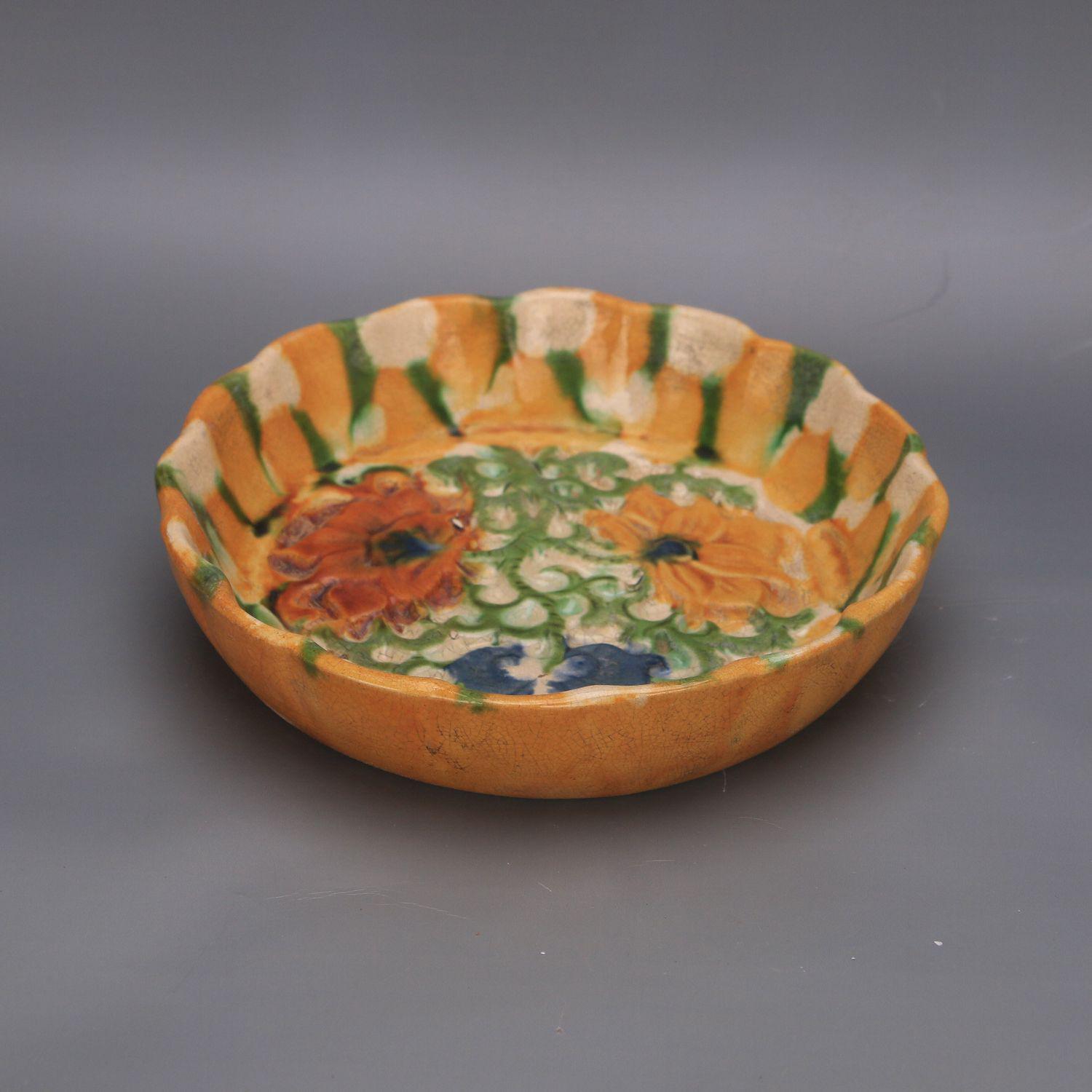 Tang Sancai Floral Carved Polychrome Porcelain Fruit Bowl - Antique Style Chinese Ornament Collection.