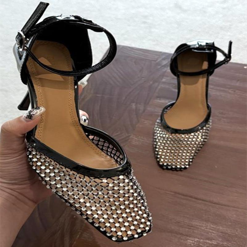 Fashion Luxury Mesh Rhinestone Designer Sandals Fashion Buckle Ankle Strap Square Toe women Slide Sandals summer Sexy Hollow Ladies Shoe