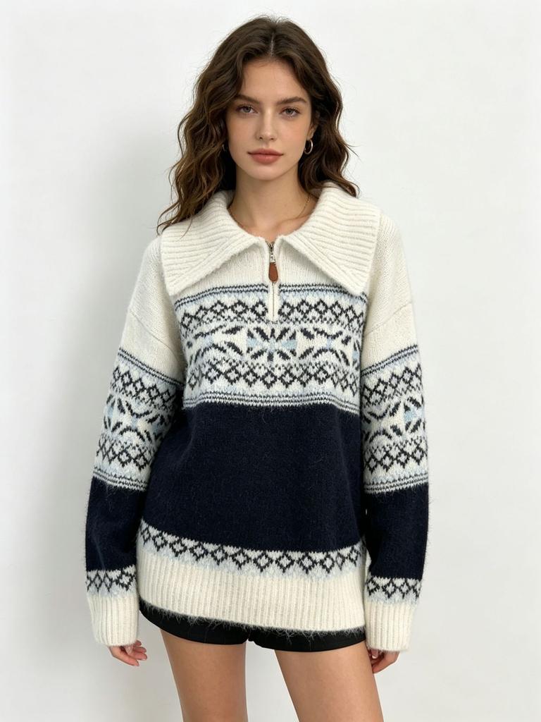 Fair Island's New Autumn/winter Knit Sweater Is Worn Out, with a Lapel, High-end, Lazy Retro Zipper, Long-sleeve Jacquard Top