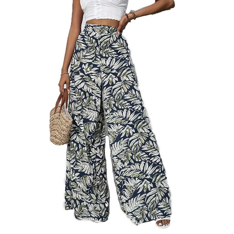 Cross-Border Bohemian Style Autumn New Fashion Leaves Print Loose Casual Elastic High Waist Wide Leg Pants Trousers