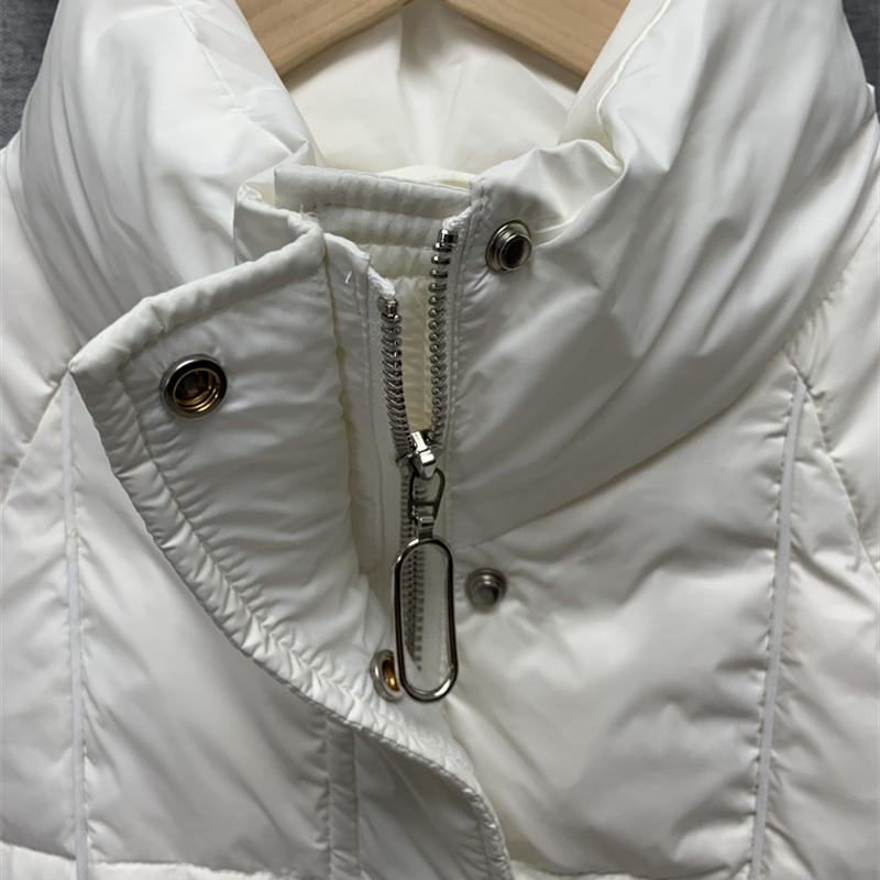 Femei, toamnă iarnă, jachetă albă din puf de rață, haină căptușită, guler scurt, mânecă completă, buzunar cu fermoar, vrac, îngroșare, culoare solidă