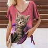 Summer Lovely Cat 3D Print T-Shirts Women Casual V-Neck Short Sleeve T Shirt Y2k Harajuku Animal Tees Loose Tops Female Clothing