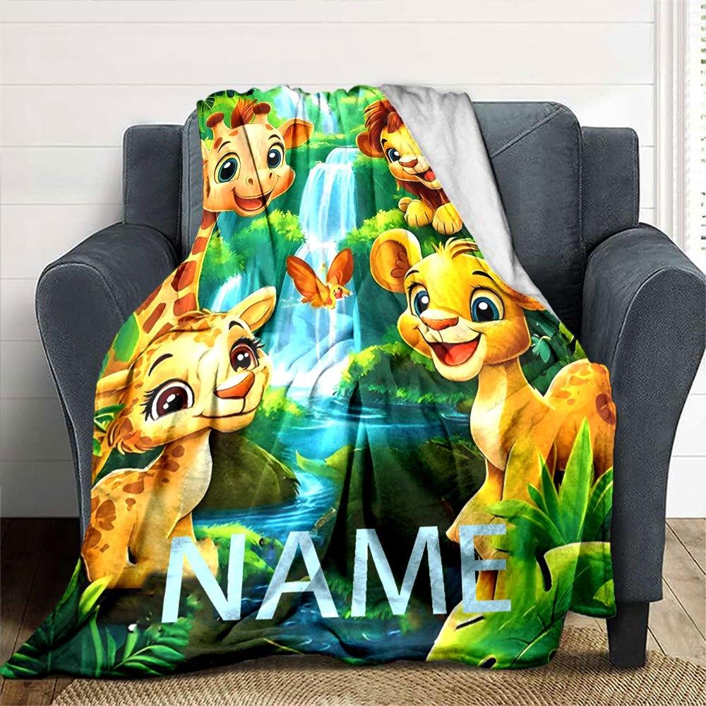 Cartoon Giraffe And Lion Family Home Customize Your Name Blankets Soft And Cozy With Lightweight Design Perfect For Picnics Sofa Office Bed Living