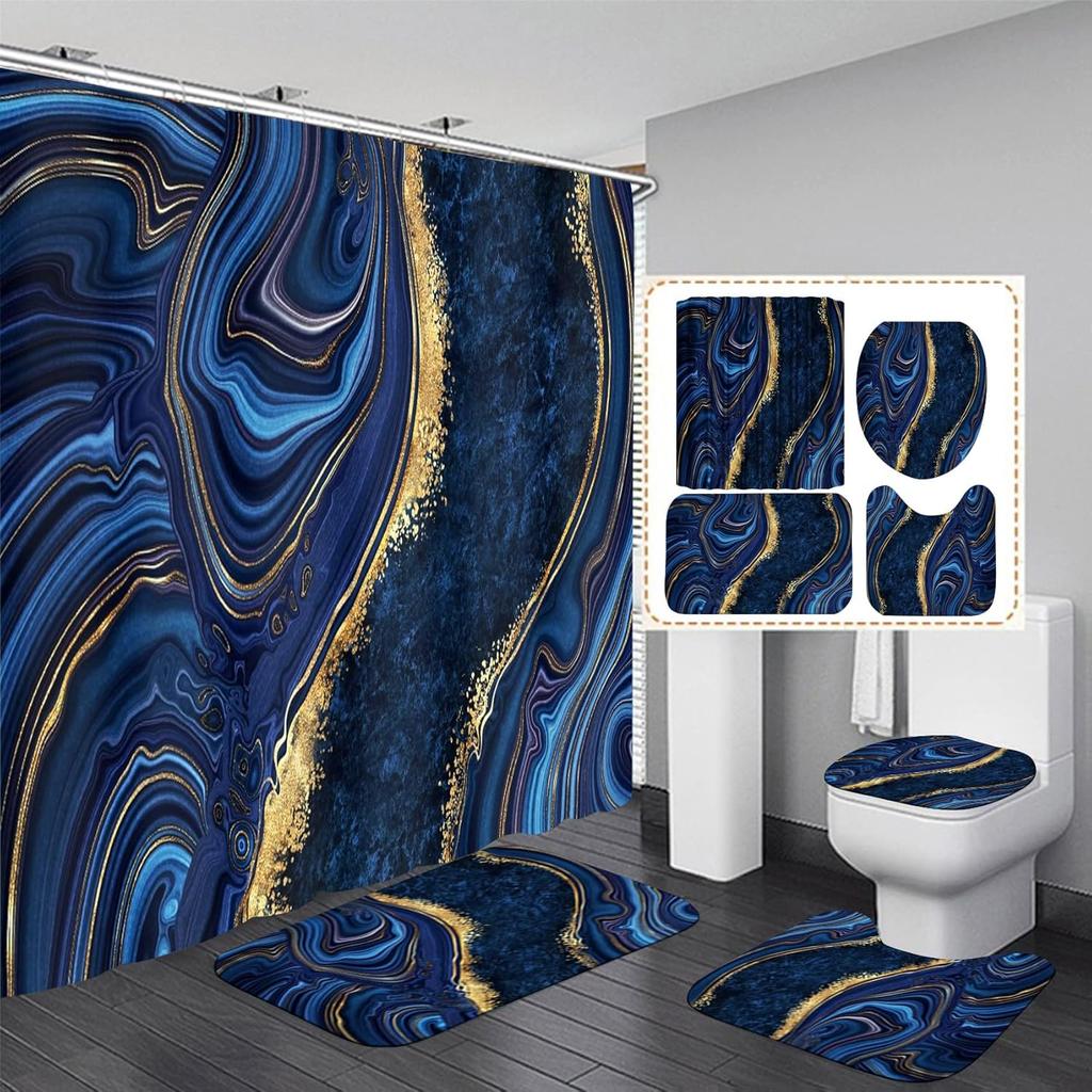 4Pcs Black Marble Shower Curtain Sets with Rugs Gold Bathroom Sets with Shower Curtain and Toilet Lid Cover Modern Bathroom Deco