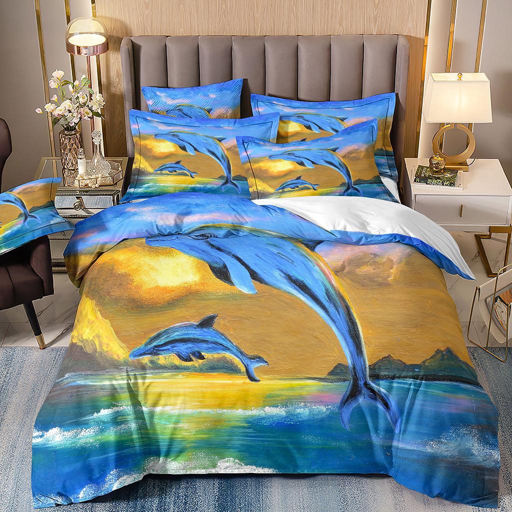 3D-gedruckte Heimtextilien Bettwäsche Delfin Meeresschildkröte Meerestier Quilt-Set Dreiteiliges Set