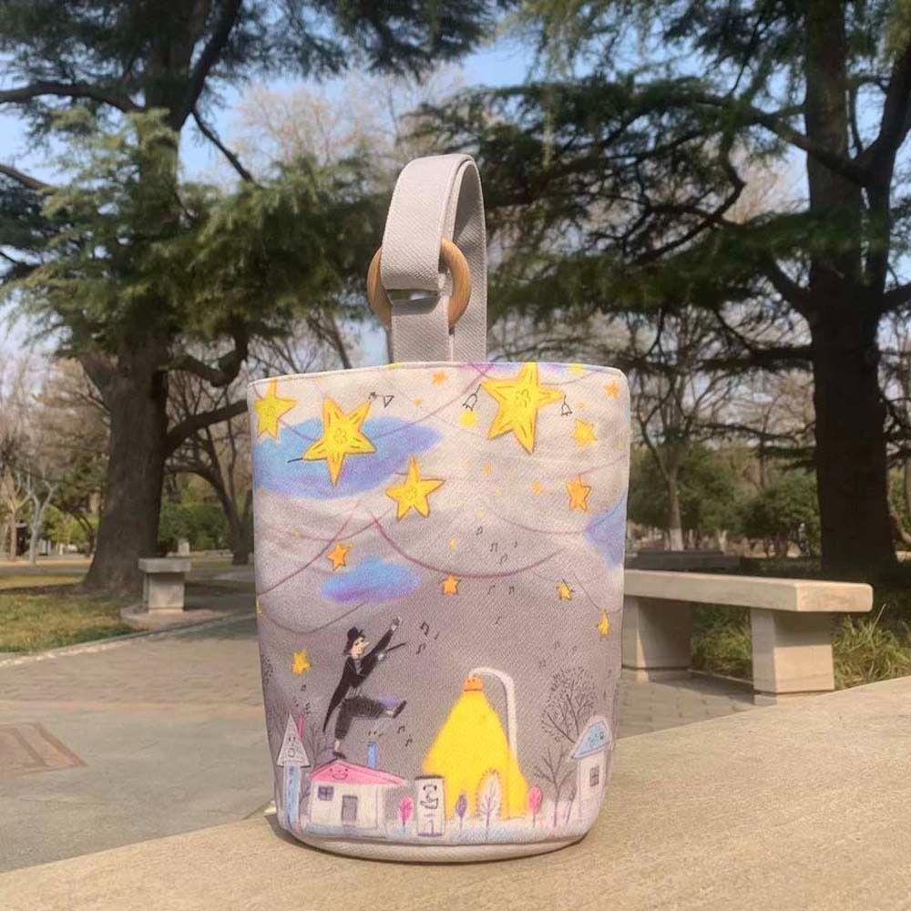 Sky Cartoon Bucket Bag Print Letter Lunch Bag Foldable Canvas Star Handbag Travel
