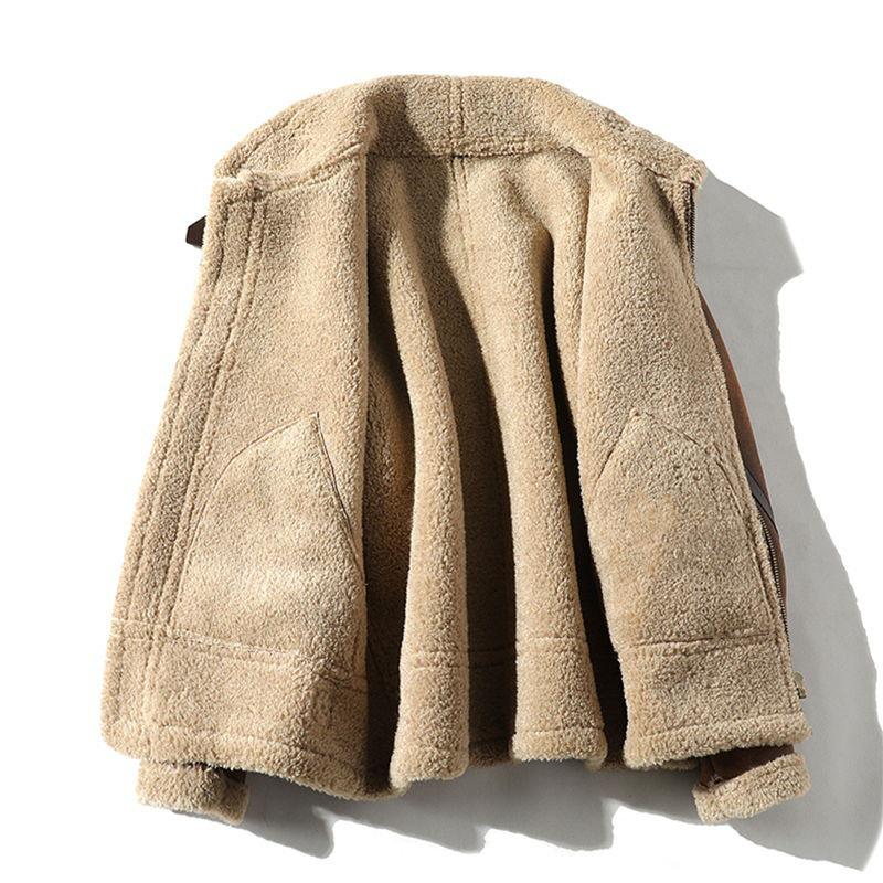 Herren Retro Wildleder Lammwolle Fleecegefüttert Leder Motorradjacke, Übergröße, Wintertrend