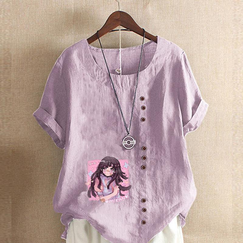 Women's Fashion Round Neck Short Sleeve T-shirt Casual Cotton Linen Graphic Shirt Leisure Loose Pink Girl Prined Summer Blouse Tops
