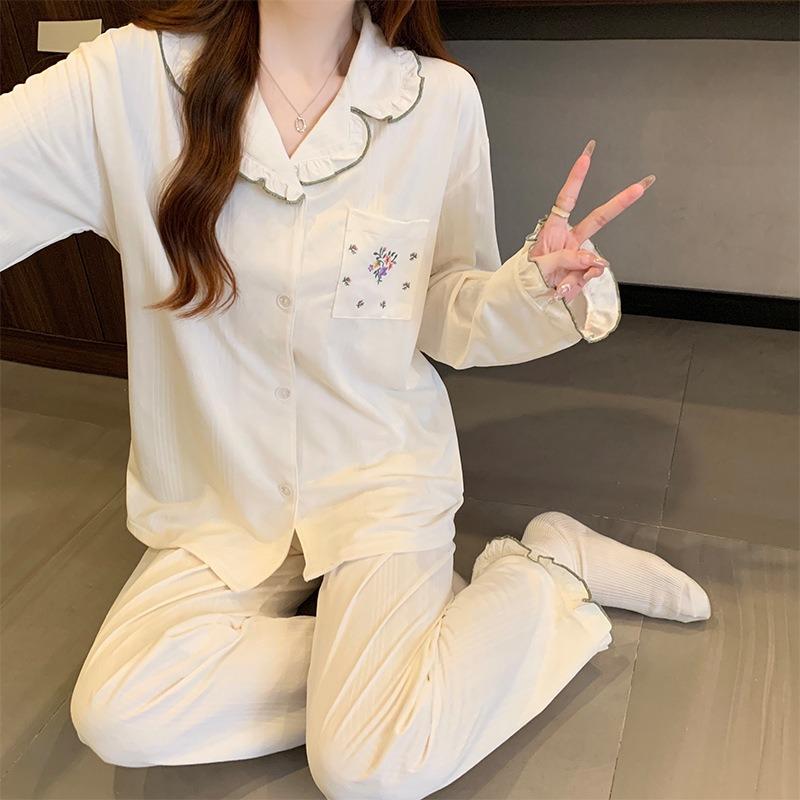 Wind Pyjama Damen Frühling neu hochwertig schlicht Lotusblatt Spitze Blumenstickerei Loungewear Set