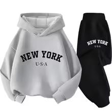Herbst Warm New York Letter Cool Grafikdruck Kinder Langarm Hoodie + Hose Anzug 2er Set Sweatshirt Junge Mädchen Kind Sportbekleidung