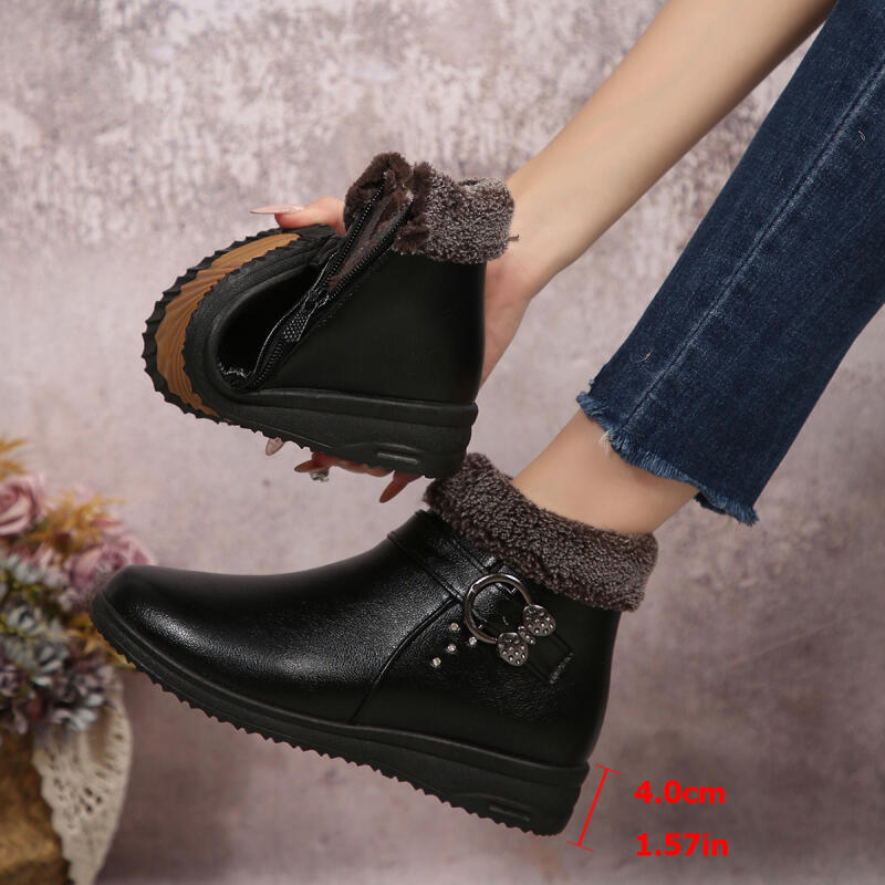 Fashion Casual Side Zip Pu Ankle Boots Women 2025 Winter Warm Short Plush Non Slip Mom's Shoes Vintage Soft Faux Fur Wedge Heel Booties
