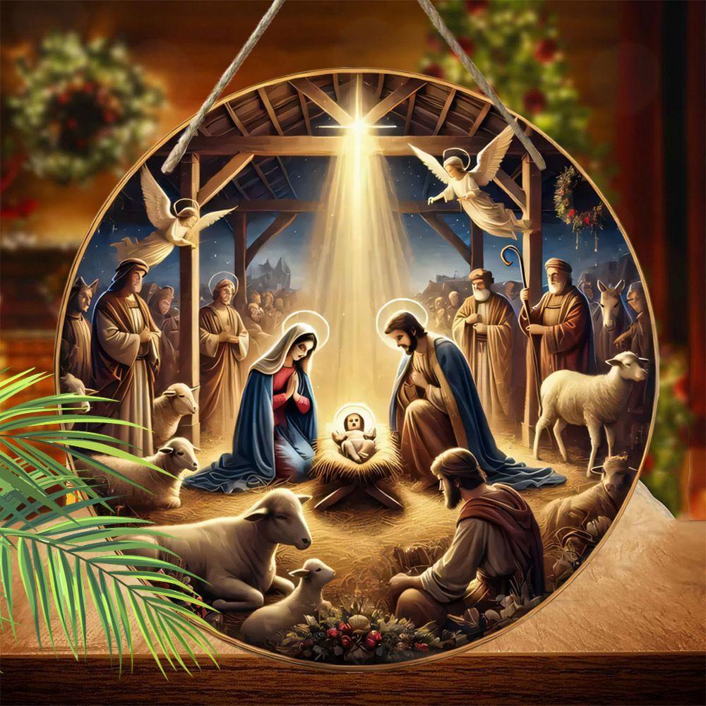 Přívěsek Svatá noc Betlémská scéna, dekorace na stěny nebo dveře domova, 2D plochý dřevěný, vánoční dekorace, dárky pro přátele a rodinu