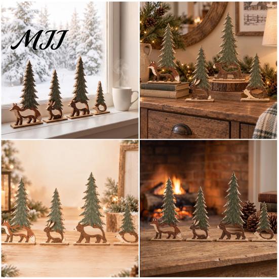 Creative Gift for Friends And Family 4Pcs Wooden Animal and Pine Ornaments, Fox Rabbit Bear Hedgehog Rustic Forest Theme Decorations Figurine,