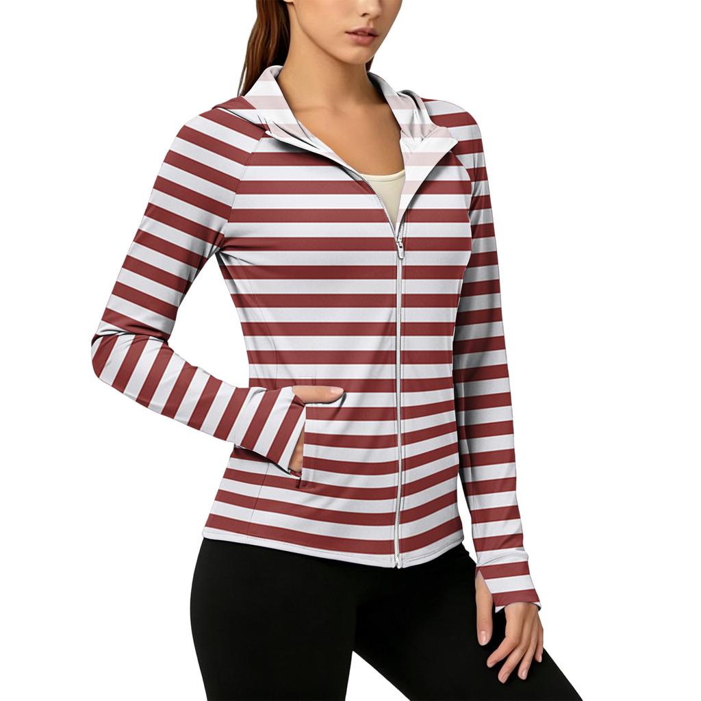 Women Zip Up Hoodie with Pockets Long Sleeve Lightweight Striped Sun Jacket Casual Hooded Top